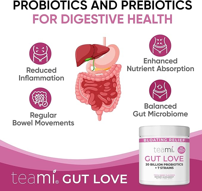 Teami Prebiotic and Probiotic Powder for Women - Promotes Digestion Bloating Relief &amp Belly Balance - Gut Health Powder with 20 Billion Probiotics &amp 7 strains - Triple Berry Gut Love 30 Serv