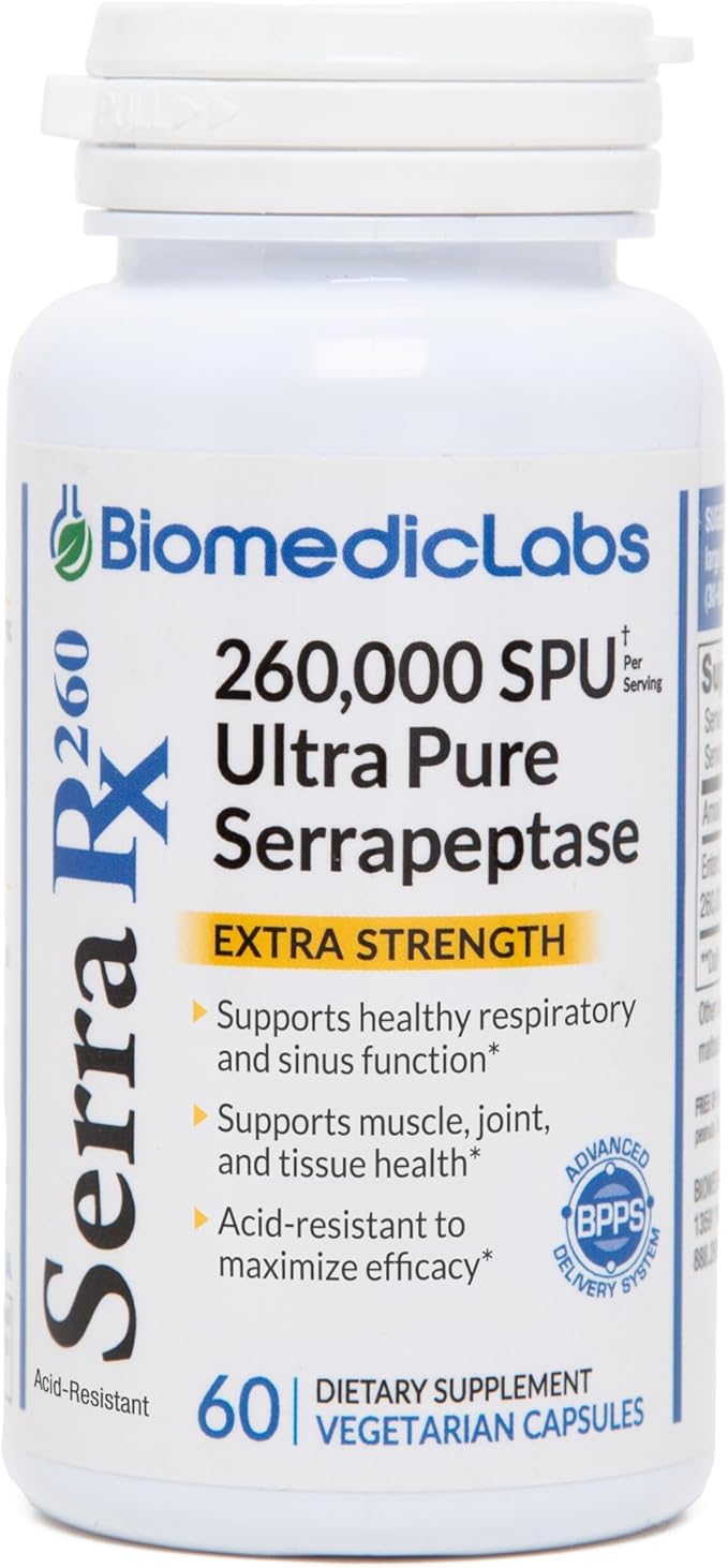 Serra-RX 260000 SU Serrapeptase -Acid-Resistant Proteolytic Systemic Enzyme Non-GMO Gluten Free Vegan Supports Sinus Immune &amp Lung Health 60 Veg Capsules
