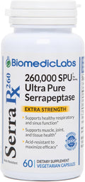 Serra-RX 260000 SU Serrapeptase -Acid-Resistant Proteolytic Systemic Enzyme Non-GMO Gluten Free Vegan Supports Sinus Immune &amp Lung Health 60 Veg Capsules