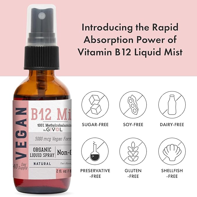 B12 Liquid Spray Mist – Hydrating Fine Mist Spray for Everyday Use – Easy Absorption &amp Convenient Application for Kids &amp Adults - 2 Fl Oz / 60 ml Travel-Friendly Bottle – 240 Spray Supply