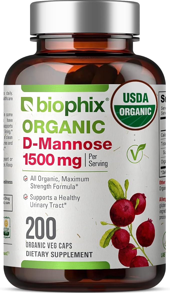 biophix D-Mannose USDA Organic 1500 mg 200 Veggie Caps - Supports a Healthy Bladder Urinary Tract Non-GMO Vegan-Friendly