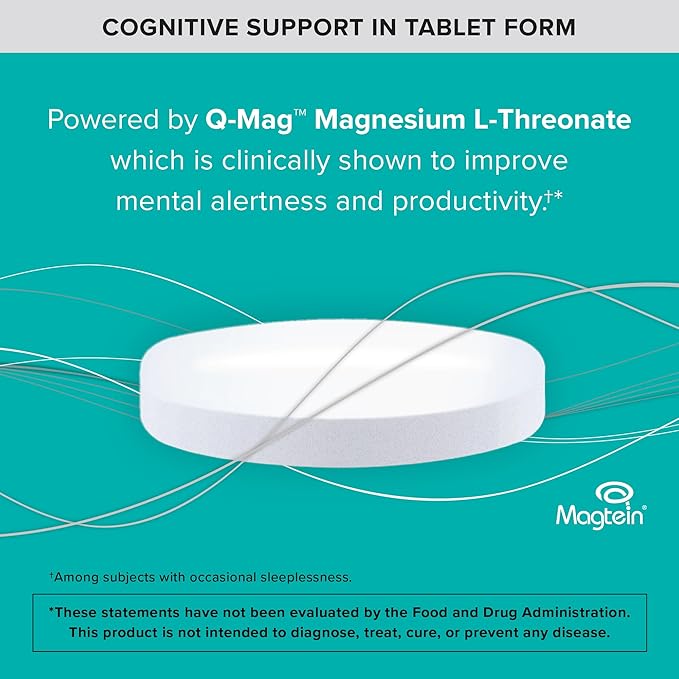 Qunol Q-Mag Magnesium L-Threonate Tablets 2000mg of Magtein to Help Support Cognitive Performance Improve Mental Alertness &amp Productivity Supports Restful Sleep High Absorption 60 Count