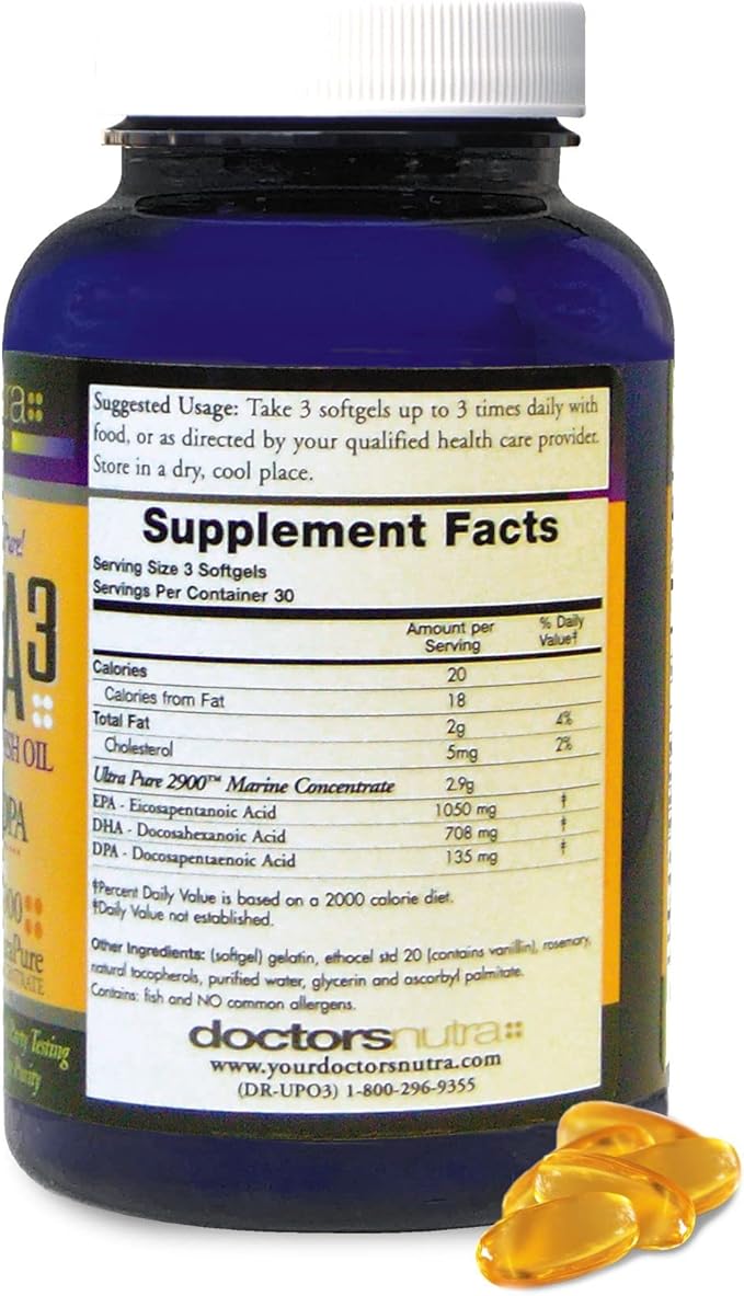 Natural Wild Caught Omega 3 DPA Fish Oil Supplement 2900 Milligrams Triple Strength Ultra Pure Concentrated EPA-DPA-DHA SoftGels - no Fish Burps - 30 Servings