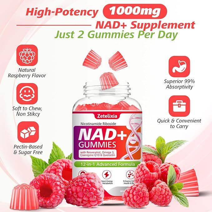 NAD Gummies 12-in-1 NAD Supplements for Women &amp Men NAD+ with Nicotinamide Riboside Resveratrol Quercetin for Anti-Aging Cell Regeneration DNA Repair Raspberry Flavor 120Ct