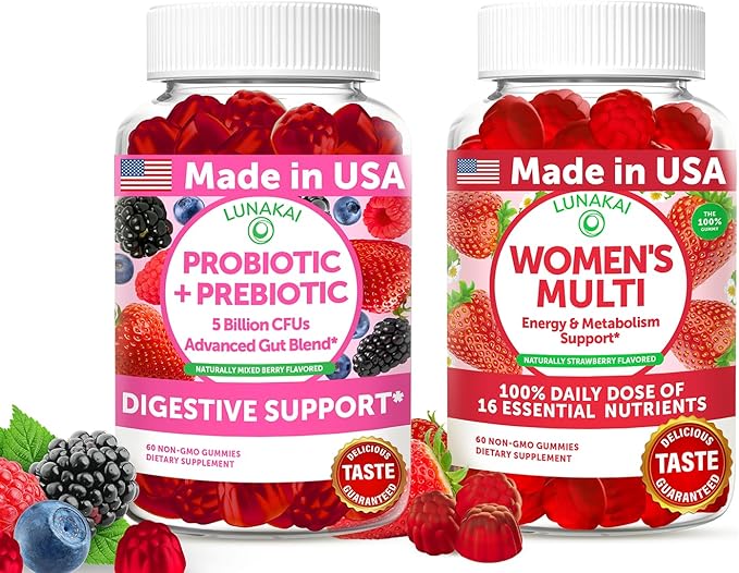 Lunakai USA Made Probiotic + Prebiotic &amp Women’s Multivitamin Gummies Bundle – Digestive Support &amp Daily Nutrient – 60 Non-GMO Gummies Each