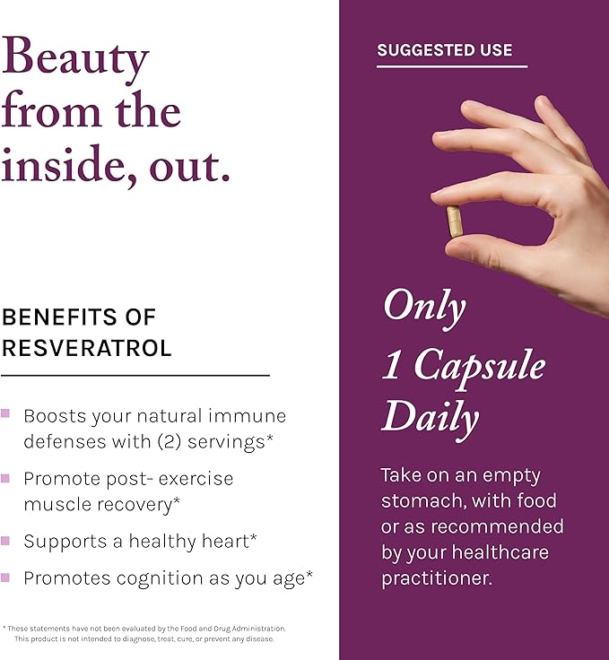 Reserveage Beauty Resveratrol 500 mg with Pterostilbene Antioxidant Supplement for Immune Support &amp Heart Health Supports Healthy Aging Paleo Keto 60 Capsules (60 Servings)