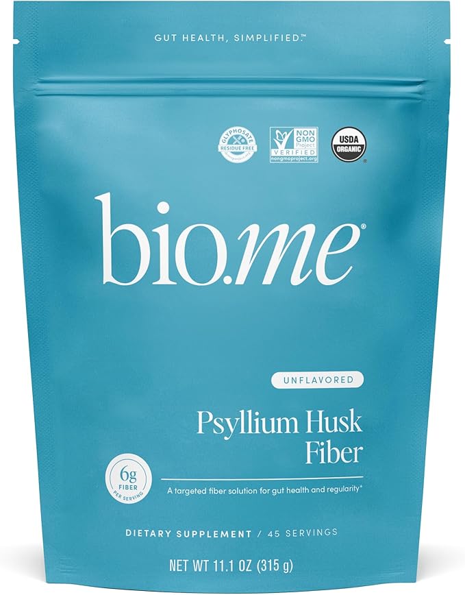 Bio.me Psyllium Husk Fiber Unflavored (6g Per Serving) - Gluten-Free Fiber Supplement for Women &amp Men - Psyllium Husk Powder for Healthy Digestion Bowel Regularity &amp Bloating Relief - 45 Serv