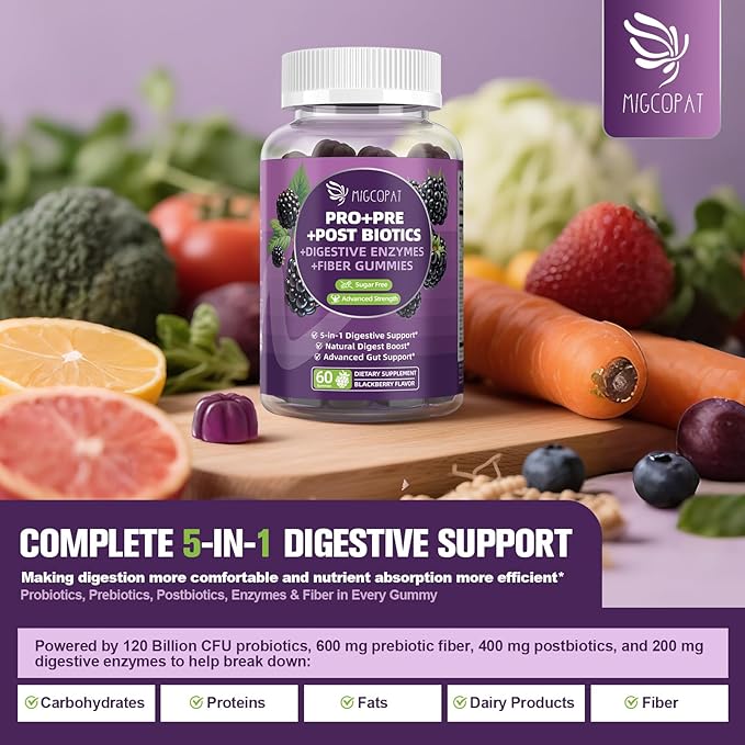 Pre Post Probiotics Gummies 5 in 1 Probiotic Prebiotic Postbiotic Digestive Enzymes with Fiber 120 Billion CFU Probiotics for Gut Health Sugar Free Vegan BlackBerry Flavor 120 Cts