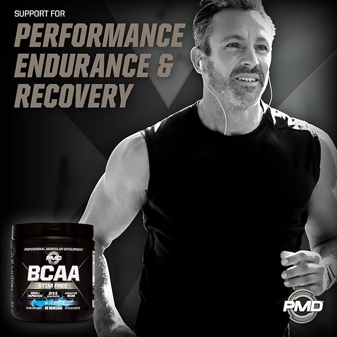 PMD Sports BCAA Stim-Free Amino Acids - Better Workout Performance Enhanced Recovery Daily Energy Muscle Builder and Muscle Sparing - BCAA Powder Drink Mix - Blue Razz (30 Servings)