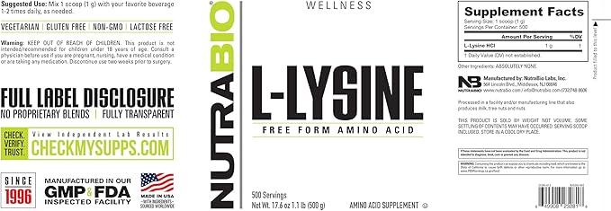 NutraBio L-Lysine Powder 500g – Essential Amino Acid for Protein Metabolism Collagen Support &amp Immune Health – Pure Unflavored Non-GMO Vegan- 500 Servings