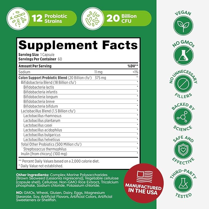 Probulin Colon Support Probiotic Supplement Daily Gut Digestive and Immune Health Probiotics Capsules for Men and Women 20 Billion CFU Vegan 60 Count Bottle