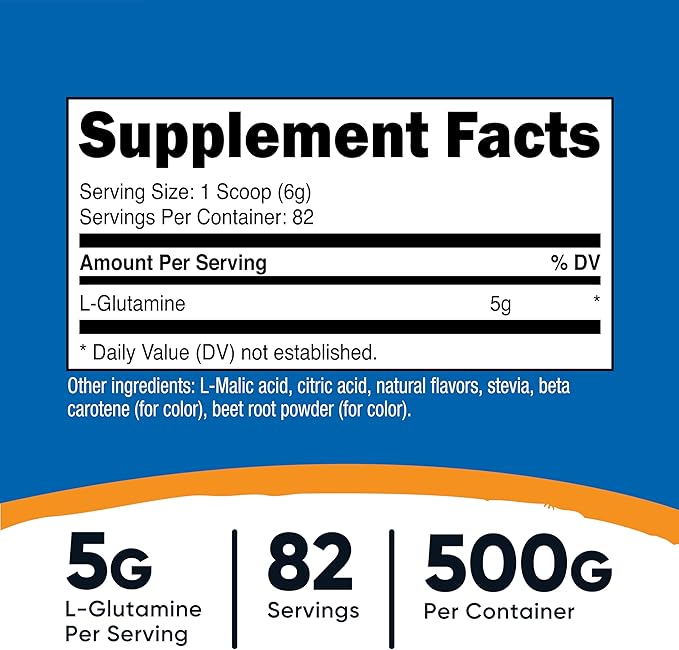 Nutricost L-Glutamine Powder Sweetened with Stevia (500 Grams Peach Mango) - Supplement for Gut Support 5 Grams of L-Glutamine Per Serving - Gluten Free Non-GMO