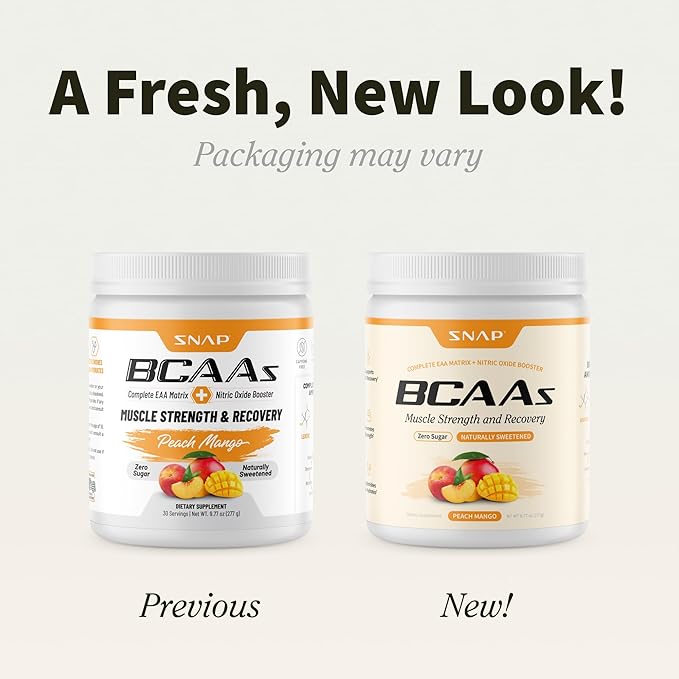 Snap Supplements BCAA Powder - 5g Vegan Branched Chain Amino Acids (2:1:1 Leucine Isoleucine Valine) + Essential Amino Acids with Nitric Oxide Booster 30 Servings Peach Mango