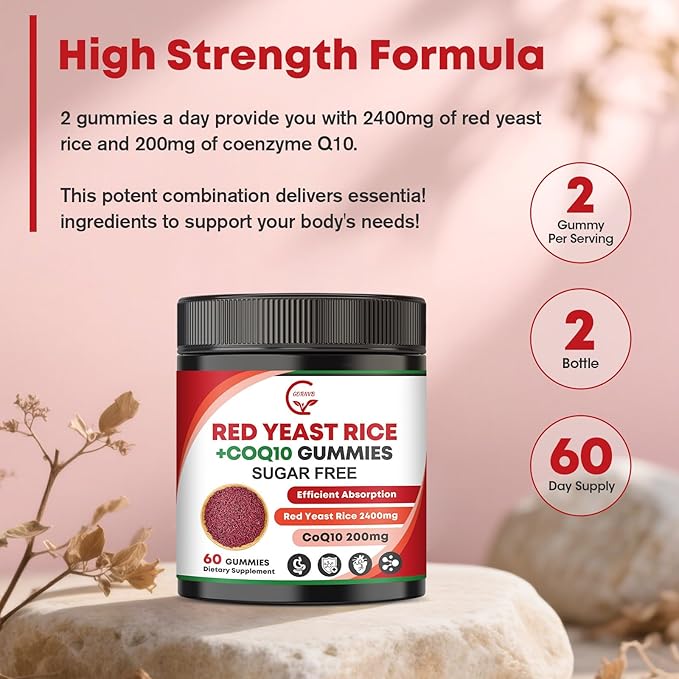 Red Yeast Rice with Coq10 Gummies Red Yeast Rice 2400 mg with CoQ10 200 mg for Cholesterol Support Heart Health Supplement Sugar Free Non-GMO Vegan – 120 Counts