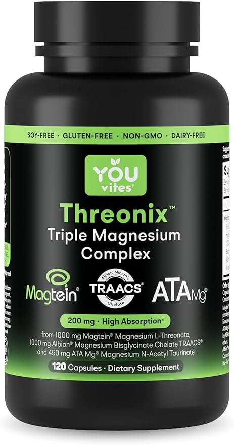 Threonix Triple Magnesium Complex - Magtein L-Threonate Bisglycinate Chelate TRAACS &amp ATA Mg - Brain Sleep Mood &amp Focus Support - High Absorption Gentle on Stomach - 120 Capsules