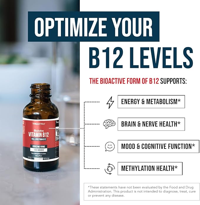 BioActive Vitamin B12 5000 mcg | 3 BioActive Forms Plus Methylfolate Cofactor - Methylcobalamin Adenosyl &amp Hydroxy | Sublingual Liquid Drops Berry Flavor Organic Non-GMO Vegan (1 oz)