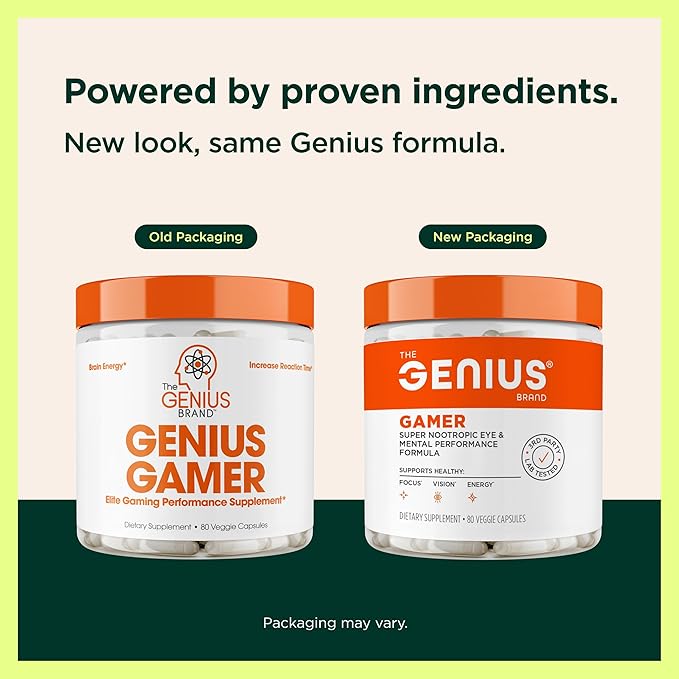Genius Gamer Gaming Focus Supplement 80 Pills - Elite Nootropic Performance Booster - Boost Brain &amp Mental Clarity Reaction Time &amp Concentration - Blue Light Support with Lutemax
