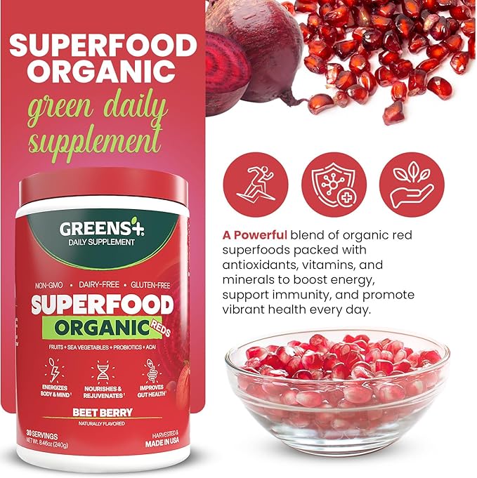 Greens+ Organic Reds Superfood Powder Antioxidant Polyphenol Blend for Morning Kick Energy Vitality Boost Nutrition Vibrant Health Vegan Soy/Dairy/Gluten Free(8.46oz)