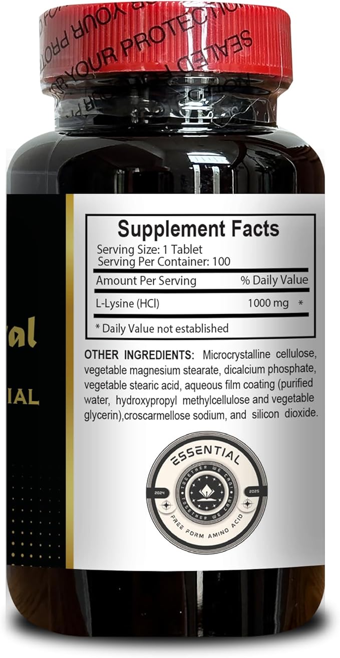 L-LYSINE 1000 mg Free Form Amino Acid Essential - Immune Support Supplement Promotes Calcium Absorption Supplements for Performance Muscle Growth &amp Recovery - 2 Bottles 200 Counts