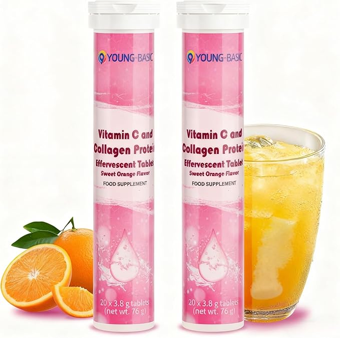 Vitamin C Effervescent Tablets with Collagen Potent Immune Support VIT C with Collagen Supplement Antioxidants Skin Radiance Dissolvable Vitamin C 40 Tablets (Pack of 2) Sweet Orange Flavor