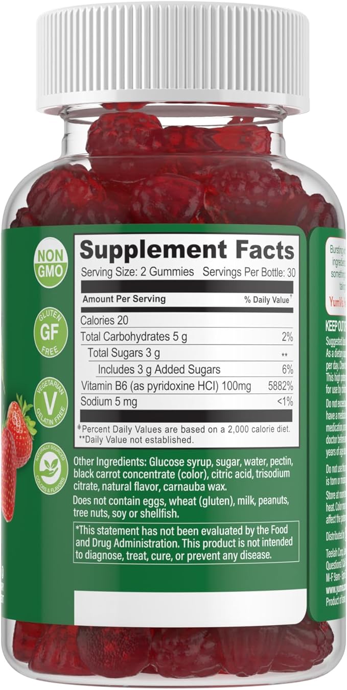 YUM-V'S Vitamin B6 Gummies - High Potency Vitamin B6 100mg - Strawberry Flavor B6 Vitamins Gummies - Nerve &amp Immune Function Non GMO Kosher 60 Count - 2 Pack