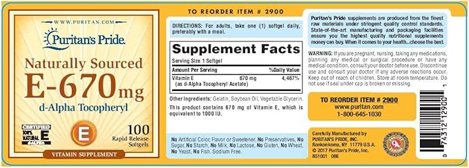 Puritan's Pride Vitamin E- 670 mg 100% Natural-100 Softgels