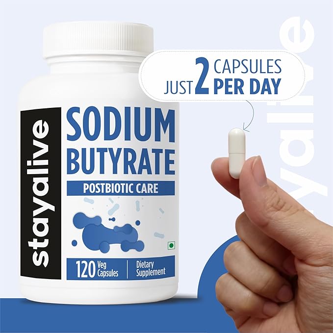 STAY ALIVE Sodium Butyrate Supplement 1200mg Pure Butyric Acid Postbiotic 120 Count 2 Month Supply Non-GMO and Gluten-Free Butyrate Powder Capsules