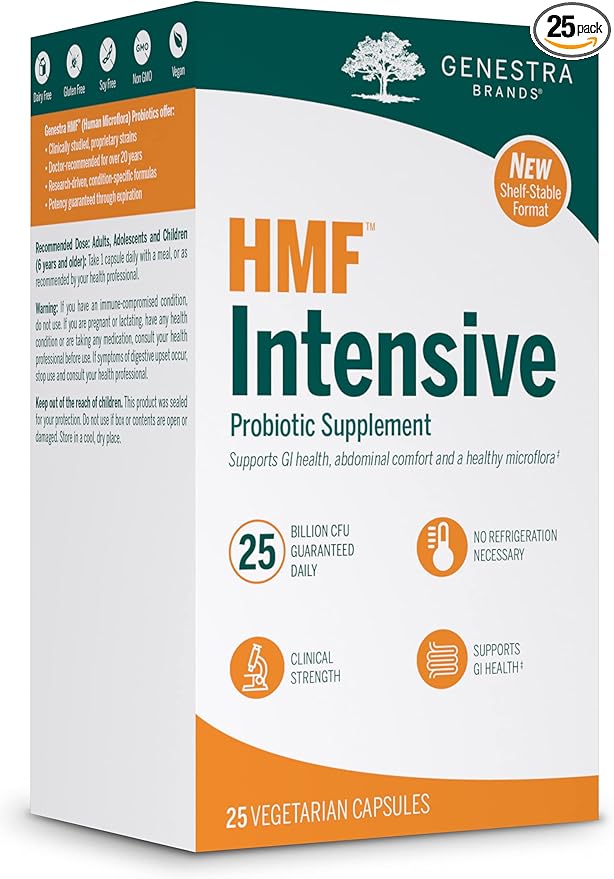 Genestra Brands HMF Intensive | Shelf-Stable Probiotic Supplement Support for GI Health Abdominal Comfort and Healthy Microflora* | 25 Vegetarian Capsules