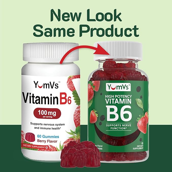YUM-V'S Vitamin B6 Gummies - High Potency Vitamin B6 100mg - Strawberry Flavor B6 Vitamins Gummies - Nerve &amp Immune Function Non GMO Kosher 60 Count - 2 Pack