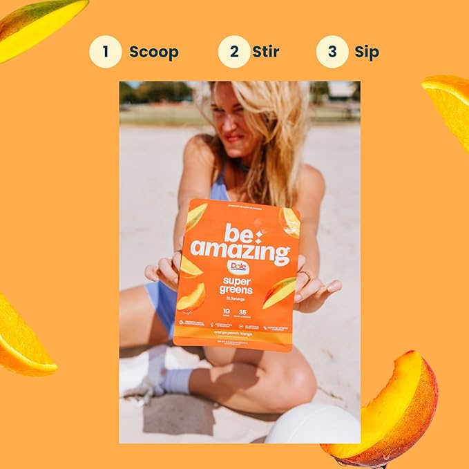 BE AMAZING Super Greens Powder with Prebiotics Digestive Enzymes &amp Antioxidants 35 Fruits &amp Veggies Electrolytes &amp Fiber Vegan Gluten Free Juice &amp Smoothie Mix Dole Orange Peach