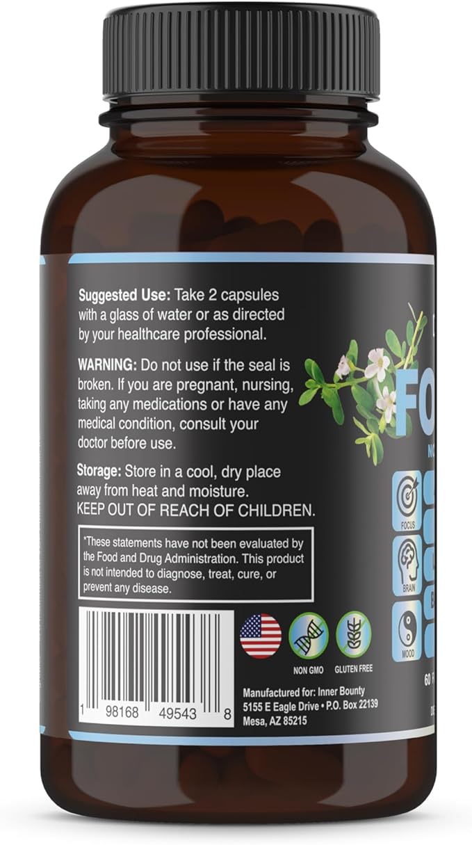 Focus 14-in-1 Nootropic Brain Supplement with Lions Mane Alpha GPC Choline Vitamin C &amp B12 Taurine Bacopa - Energy Cognitive Memory Support 60 Filler Free Capsules