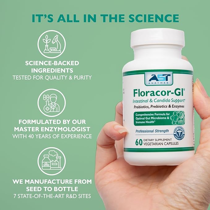Floracor – Probiotics &amp Enzymes to Support Intestinal &amp Gut Heath –180 Vegetarian Capsules