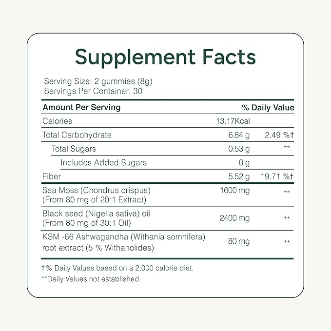 Sea Moss Gummies I 92+ Minerals I Black Seed Oil I KSM 66 Ashwagandha I Lab Tested I No Added Sugar | for Men Women I Non-GMO I 100% Natural &amp Organic I 1600 mg I 120 Gummy