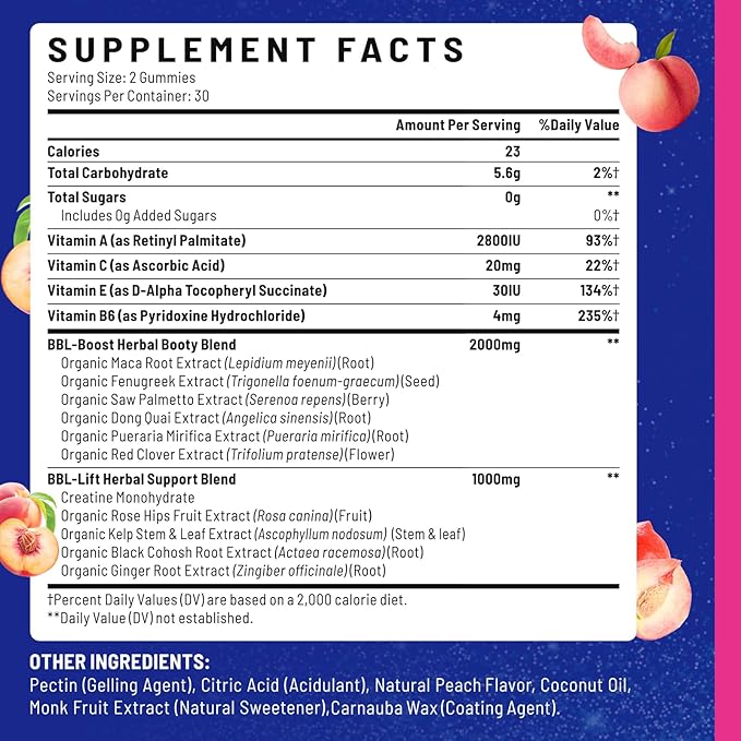 Jovariquethor Booty Gummies for Women - BBL Gummies with Multivitamins and Herbal Extracts - Peach Flavor - 120 Count