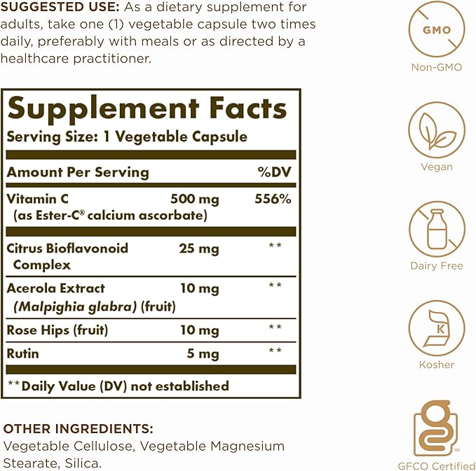 Solgar Ester-C Plus 500 mg Vitamin C (Ascorbate Complex) - 100 Vegetable Capsules Pack of 2 - Antioxidant &amp Immune Support - Non GMO Vegan Gluten Free Kosher - 200 Total Servings