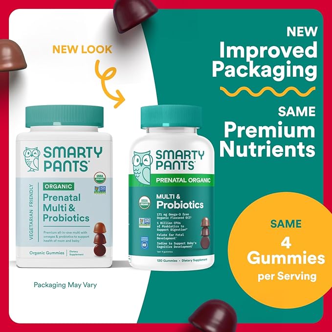 SmartyPants Organic Prenatal Vitamins for Women Multivitamin: Probiotics Biotin Methylfolate Omega3(ALA) VitaminD3C VitaminB12 B6 A K2 &amp ZincCholine (30 Day Supply) 120 Count (Pack of