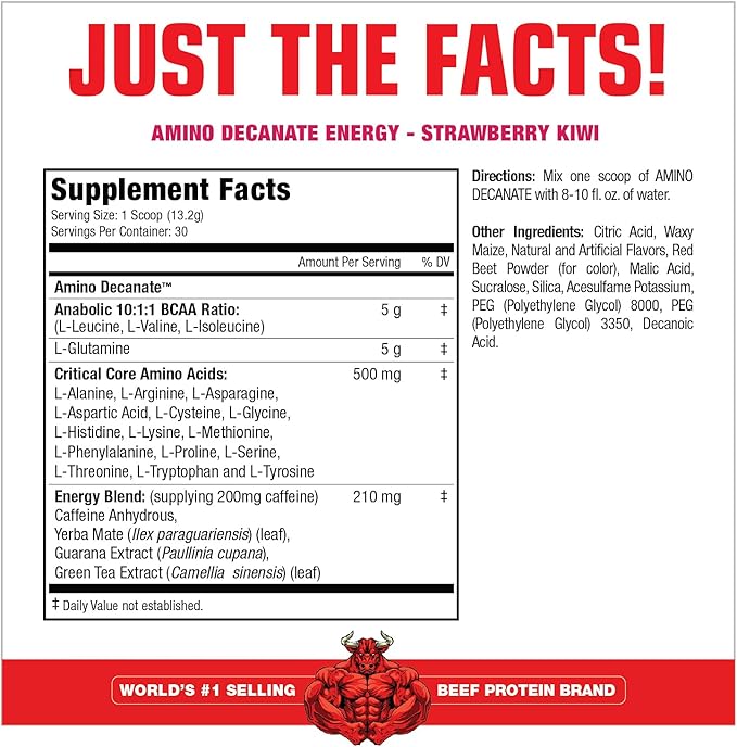 MuscleMeds Amino DECANATE Energy Pre Intra Workout Drink Essential Amino Acids BCAAs High Leucine Glutamine Muscle Recovery Strawberry Kiwi 30 Servings