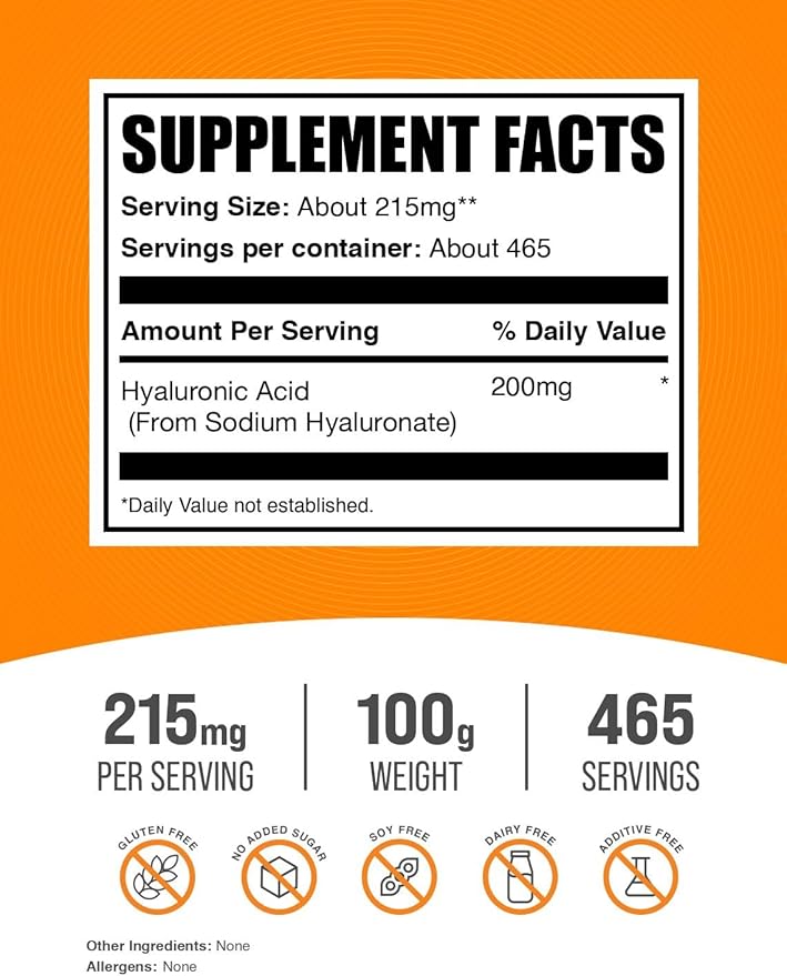 BulkSupplements.com Hyaluronic Acid Powder - as Sodium Hyaluronate Hyaluronic Acid Supplements - Food Grade Gluten Free - 215mg per Serving 100g (3.5 oz) (Pack of 1)