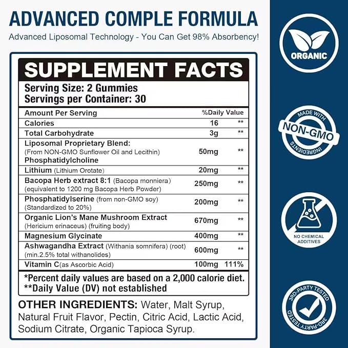 2 Pack Liposomal 20MG Lithium Orotate Gummies Complex AshwagandhaBacopa HerbLion's Mane Mushroom Magnesium GlycinateVitamin Cfor Mood &amp Immune SupportDigestive System Support