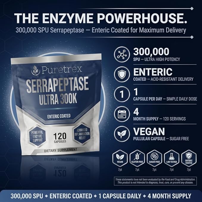 Serrapeptase Ultra 300K Enteric Coated Dietary Supplement 120 Capsules Powerful Enzyme Support Advanced Inflammation Relief Vegan Gluten Free Sugar Free