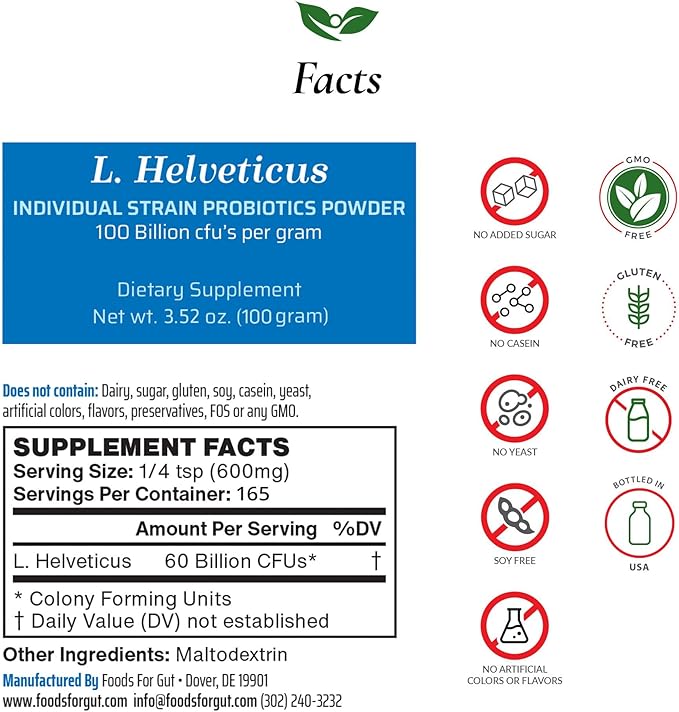 Foods For Gut Lactobacillus Helveticus Probiotic Powder 100 Billion cfu's | No Additives | Direct from Manufacturer | No Third-Party Storage | Immune Support | L. Helveticus | 100 Gram (3.52 Oz)
