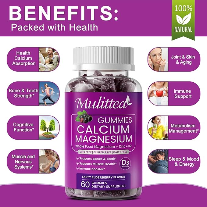 Plant Based Calcium Supplement with Vitamin D3K2 Gummy for Bone Strength Contains Whole Food Natural Minerals-Bone Health Calm Mood &amp Sleep Support for Women &amp Men (2 Pack)