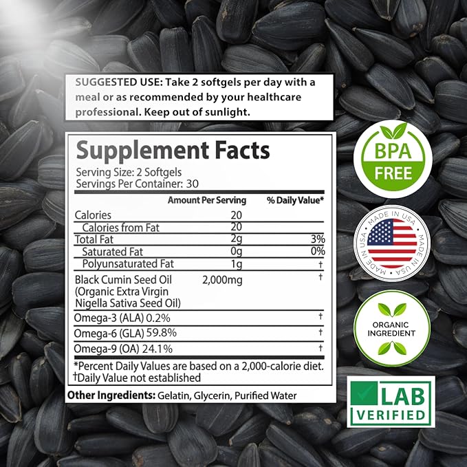 Black Seed Oil Capsules 2000mg Per Serving Organic Cold Pressed Black Cumin High TQ Immune &amp Joint Support 60 Count