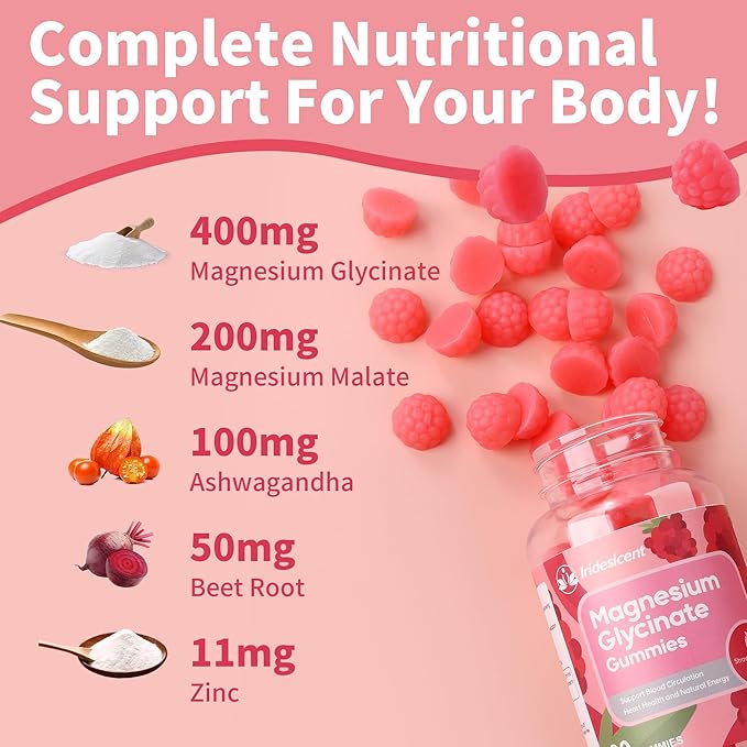 Magnesium Glycinate Gummies 400mg Sugar Free Magnesium Supplement w/Ashwagandha Zinc Vegan Magnesium Glycinate Supplement for Adults - 120 Strawberry Gummies