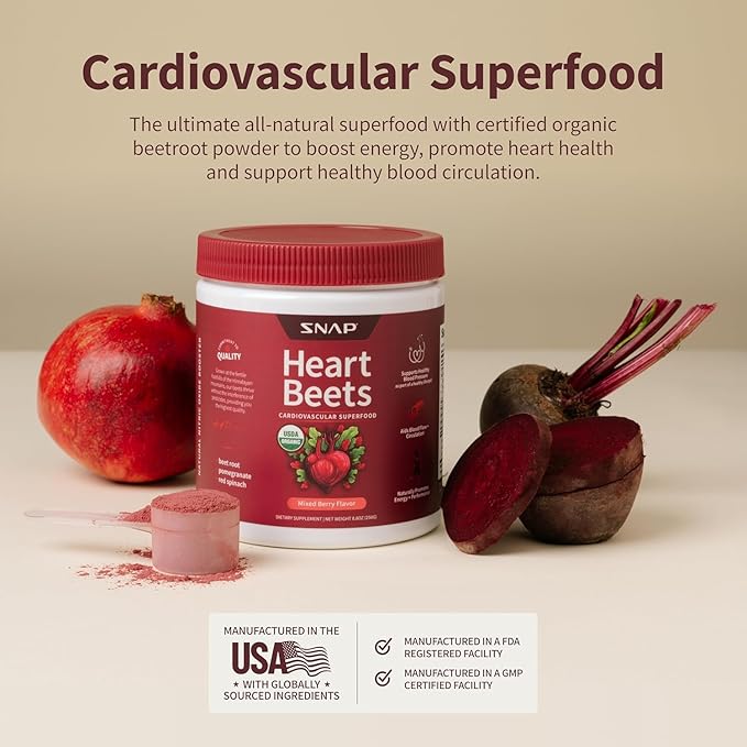 Snap Supplements Heart Beets Organic Beet Root Powder Cardiovascular Support Supplement for Men &amp Women Beets Pomegranate B Vitamins &amp Red Spinach Heart Health Support 30 Servings Mixe