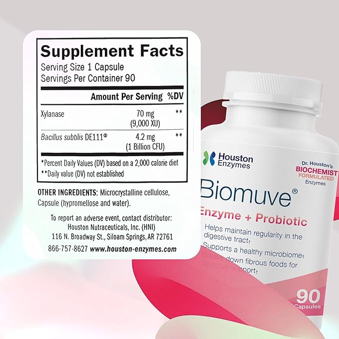 Houston Enzymes Biomuve – 120 Capsules | Professionally Formulated to Maintain Regularity &amp Healthy Bowel Movements | Unique Combination of Enzymes Probiotics Prebiotics &amp Botanicals