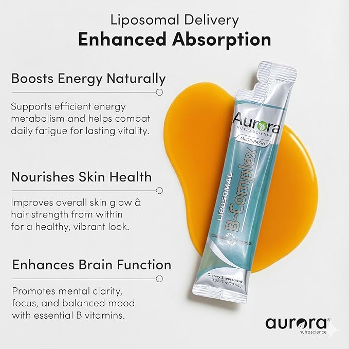 Aurora Nutrascience Mega-Liposomal B-Complex + Vitamin C - Healthy Energy &amp Immune System Support Supplement for Adults Sugar Free Vegan Gluten Free Non-GMO - 10 Single Serve Packets Orange