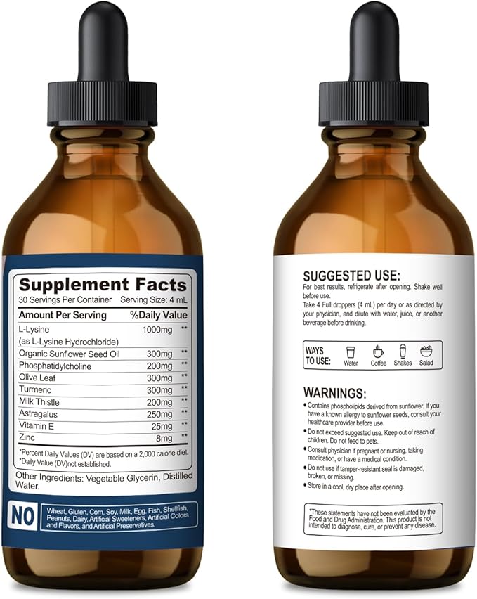 L-Lysine Liquid Drops Liquid Lysine 1000mg Supplement Essential Amino Acid Supplement for Lips &amp Oral Health &amp Collagen Formation Support Lysine Drops with Vitamin E &amp Zinc for Adults 4