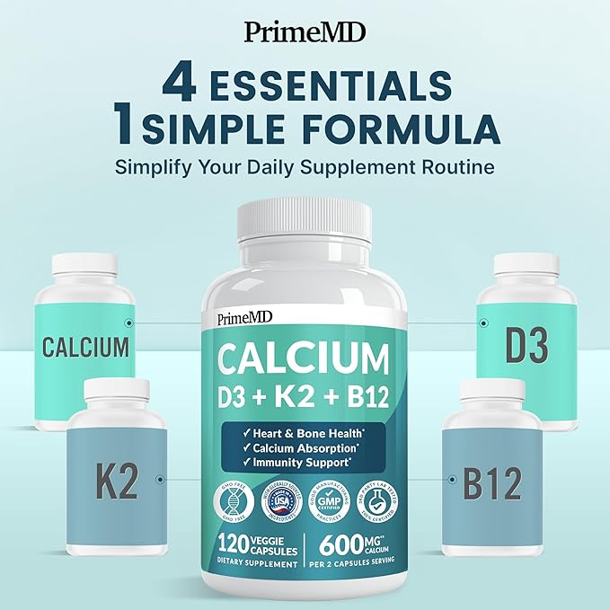 4-in-1 Calcium Supplements for Women &amp Men - Calcium Citrate with D3 K2 Vitamin 5000 IU - Calcium 600mg with Vitamin D3 K2 - Everyday Vitality Supplement - Vegan-Friendly Gluten-Free (120 Capsule