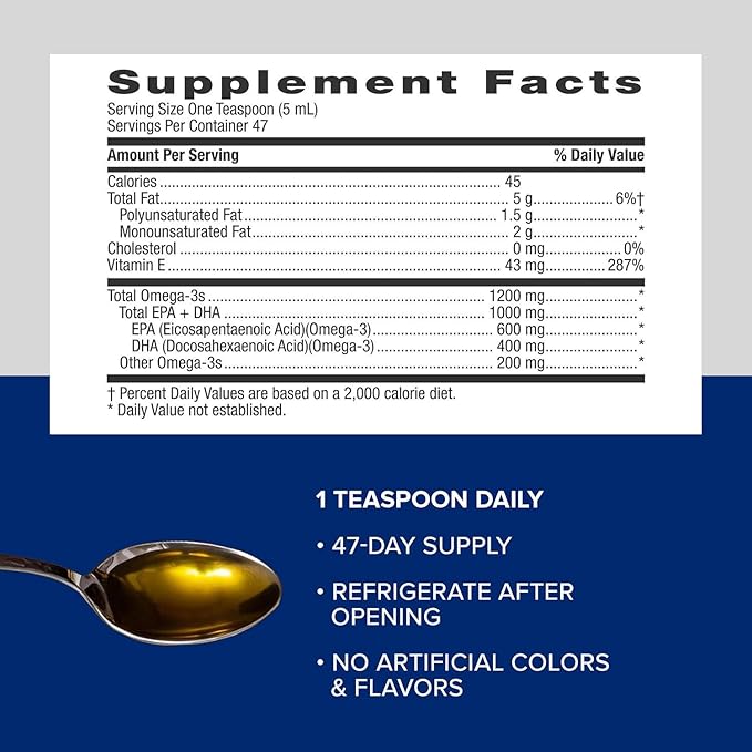 GNC Triple Strength Fish Oil Liquid Supplement Wild Deep Ocean Caught. with 1000mg EPA DHA Omega 3s for Heart Brain Skin Eye Joint Health Natural Orange Flavor 8 Fl Oz 47 Servings